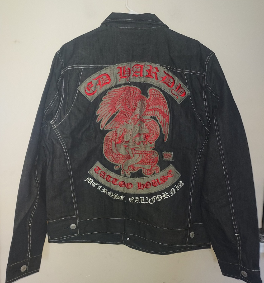 Ed Hardy Men's Denim Jeans Jacket 3XL Embroidered Tattoo House Melrose Vintage